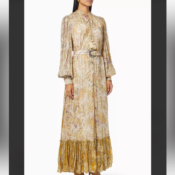 HEMANT & NANDITA Gold Floral Maxi Dress with Ruffle Hem - Picture 2 of 9